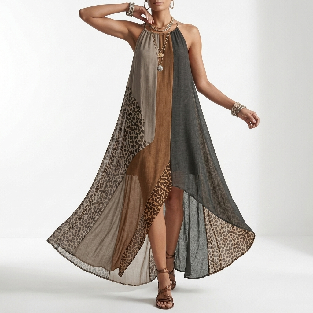 Fauveline™ — Robe maxi halter colorblock imprimé animalier